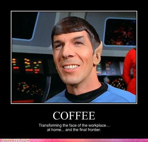 Star trek coffee meme, coffee even makes Spock smile
