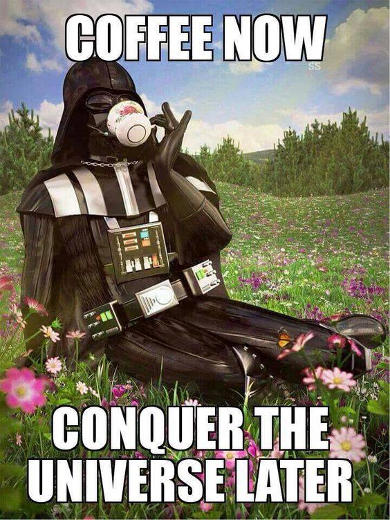 Darth Vader coffee meme says coffee now conquer the universe later darth in a field of flowers