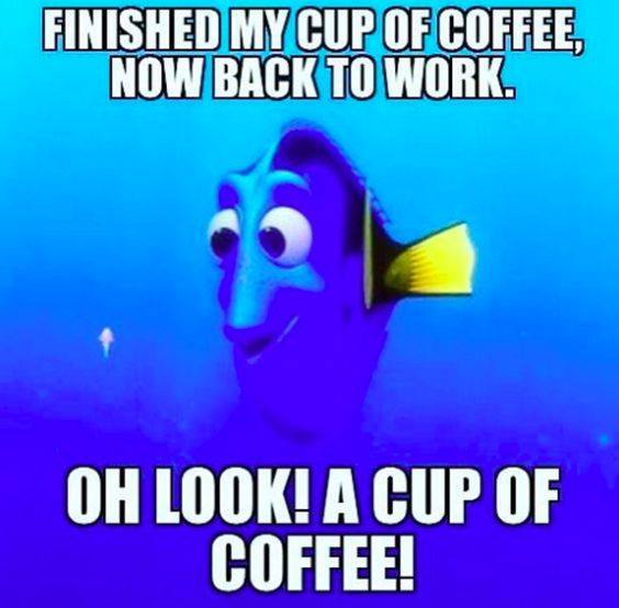 Coffee meme, a fish saying I've finished my cup of coffee, now back to work, oh, look! Coffee!