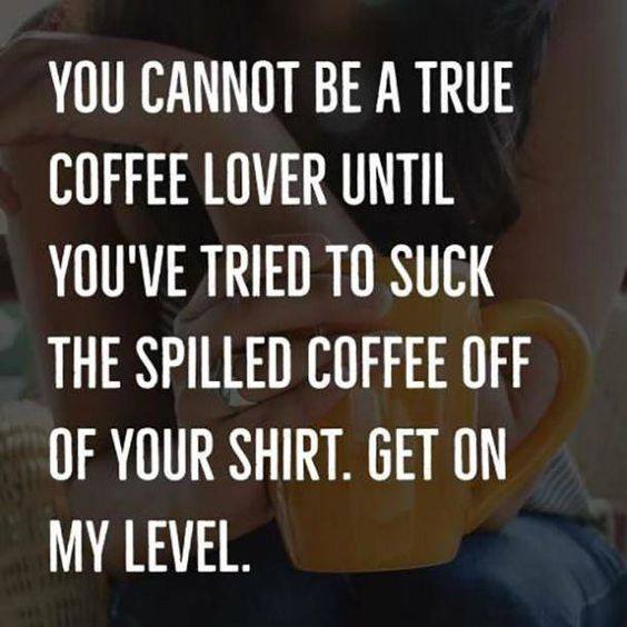 coffee meme says you cannot be a true coffee lover until you have tried to suck spilled coffee out of your shirt