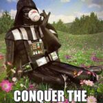 Darth Vader coffee meme says coffee now conquer the universe later darth in a field of flowers